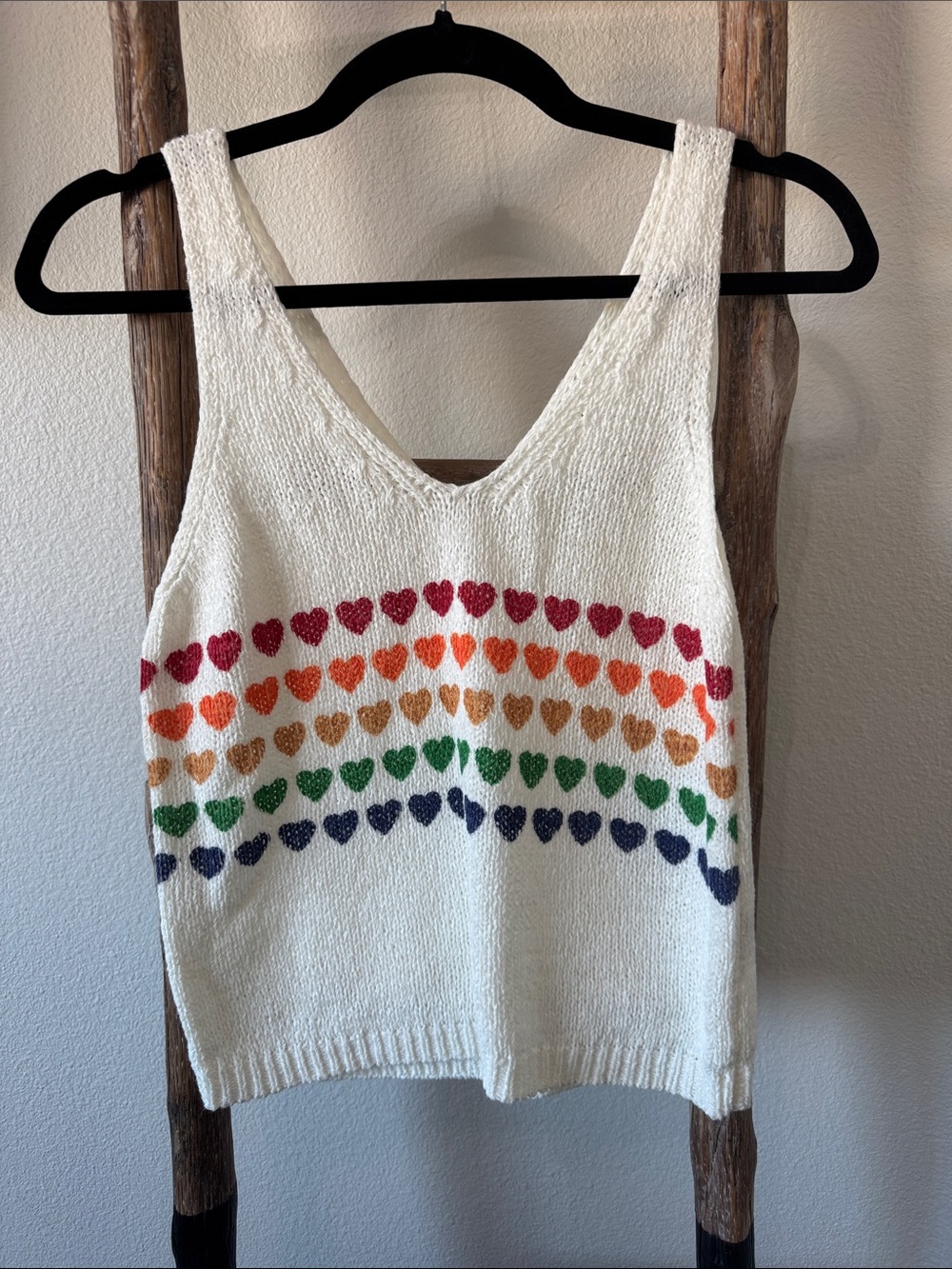 NWOT Cream Knit Tank with Rainbow Heart Rows